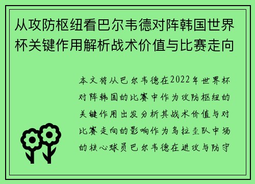 从攻防枢纽看巴尔韦德对阵韩国世界杯关键作用解析战术价值与比赛走向影响