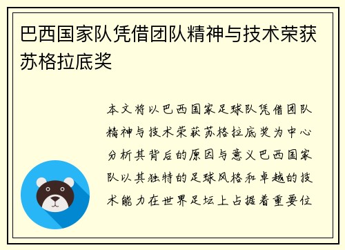 巴西国家队凭借团队精神与技术荣获苏格拉底奖
